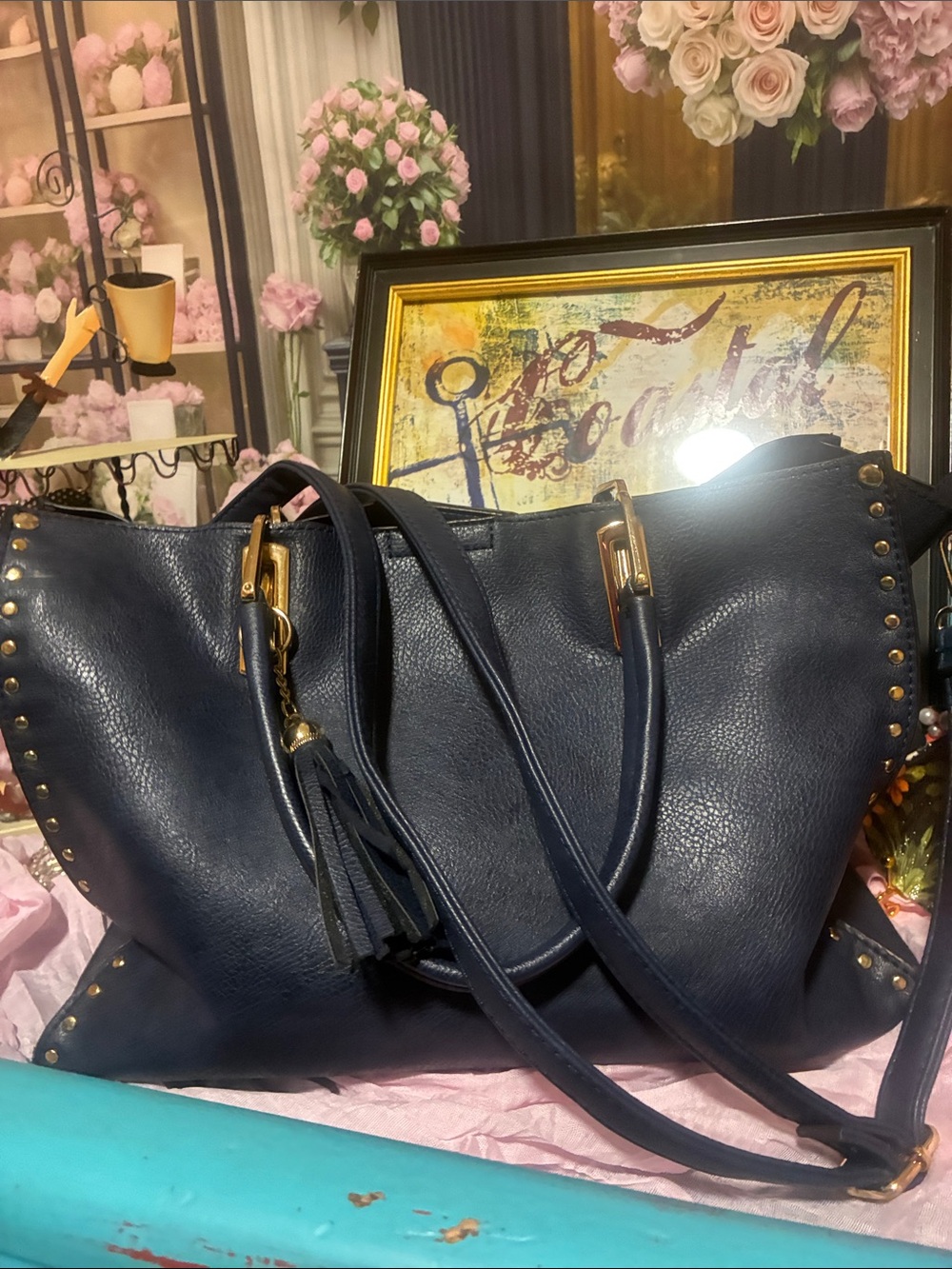 Gorgeous and eye catching Navy Leather Tote Bag with Tassel Accent